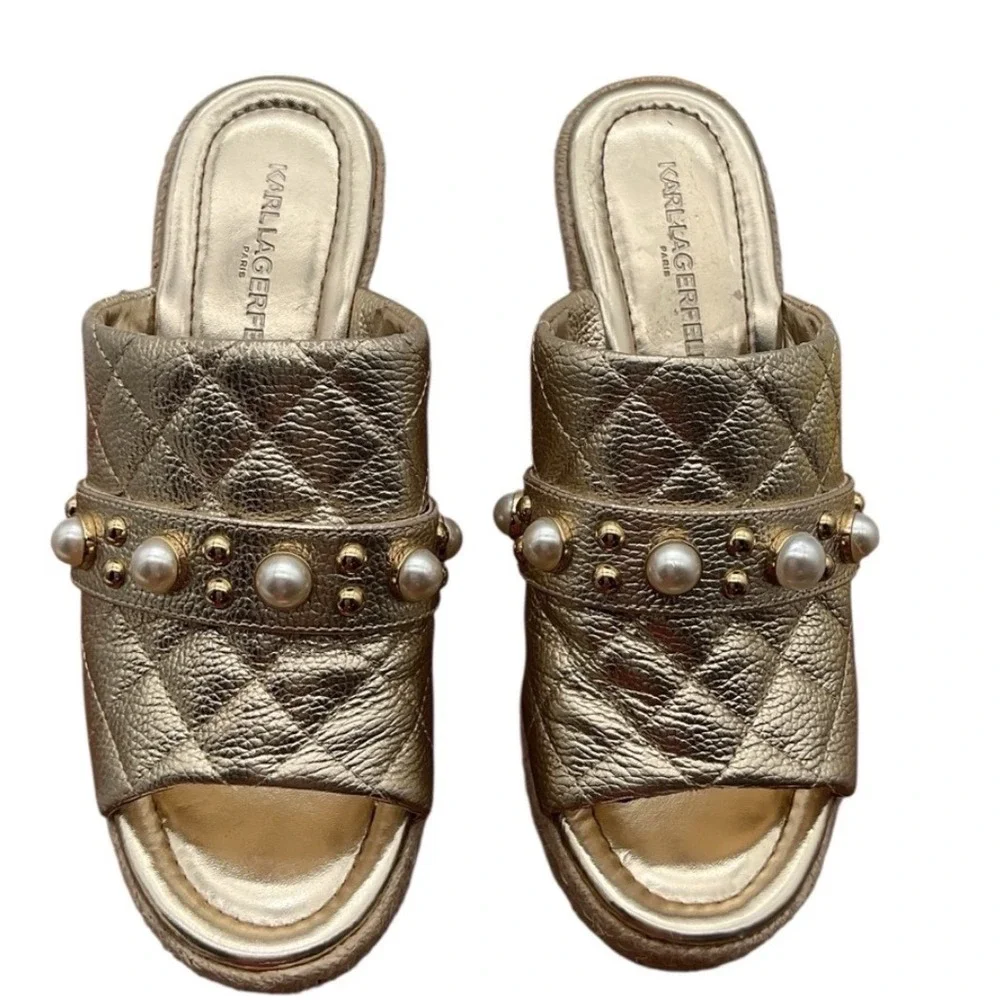 Karl Lagerfeld Paris Gold Quilted Leather Pearl Studded Espadrille Wedge 7